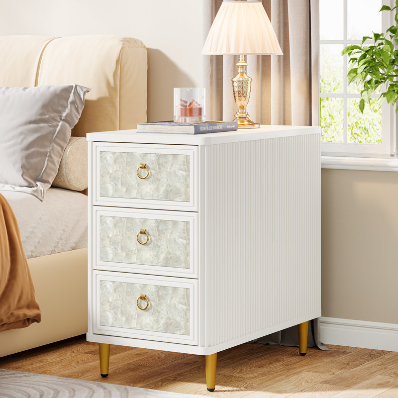 Nightstand With 3 Storage Drawers Modern White Bedside Table With Shell Decorated For Bedroom